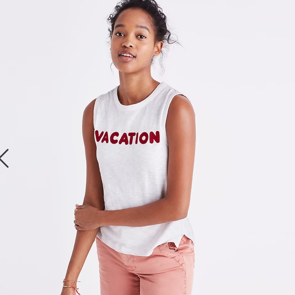 Madewell Vacation tank white cotton red embroidered